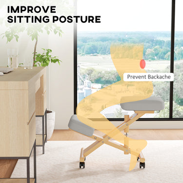 HOMCOM Ergonomic Kneeling Chair, Posture Chair with Rubberwood Frame, Wheels for Home Office, Posture Correction, Cream White