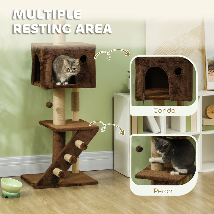 PawHut 89"-100" Floor to Ceiling Cat Tree with Scratching Post, Cat House, 3-Steps, Hanging Ball, Perches, Anti-tip Kit, Brown