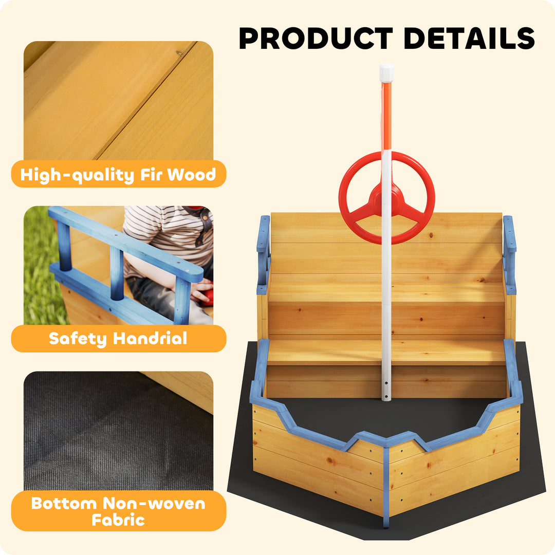 Outsunny Kids Wooden Sandbox Pirate Ship Sandboat Outdoor Backyard Playset Children Sandpit w/ Bench Seat Storage Space & Flag for 3-6 Years Old