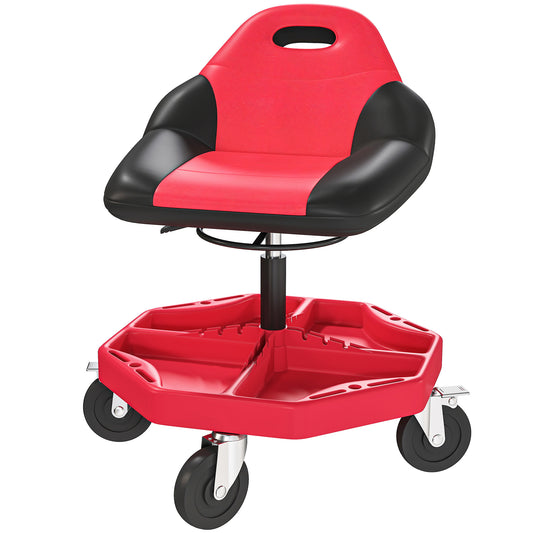HOMCOM Rolling Garage Stool, 300 LBS Capacity Mechanic Stool with 5" Wheels, Tool Tray Storage, Adjustable Height, Red