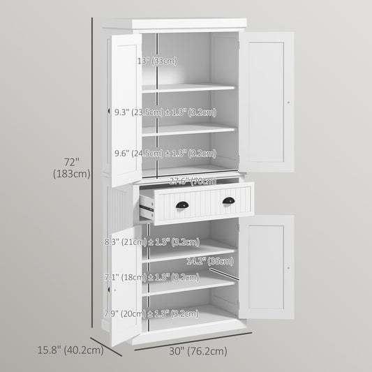 HOMCOM 72" Kitchen Pantry, Freestanding Storage Cabinet with Drawer, Doors, White
