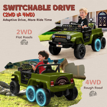 Qaba 12V 4WD/2WD Kids Electric Car w/ Remote Control, Spring Suspension, Back Trailer, Light, Music, Soft Start, Dark Green
