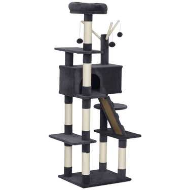 PawHut 59 Inch Large Cat Tree with Sisal Scratching Posts, Cozy Condo, Top Perch, Ladder and Interactive Balls, Dark Grey