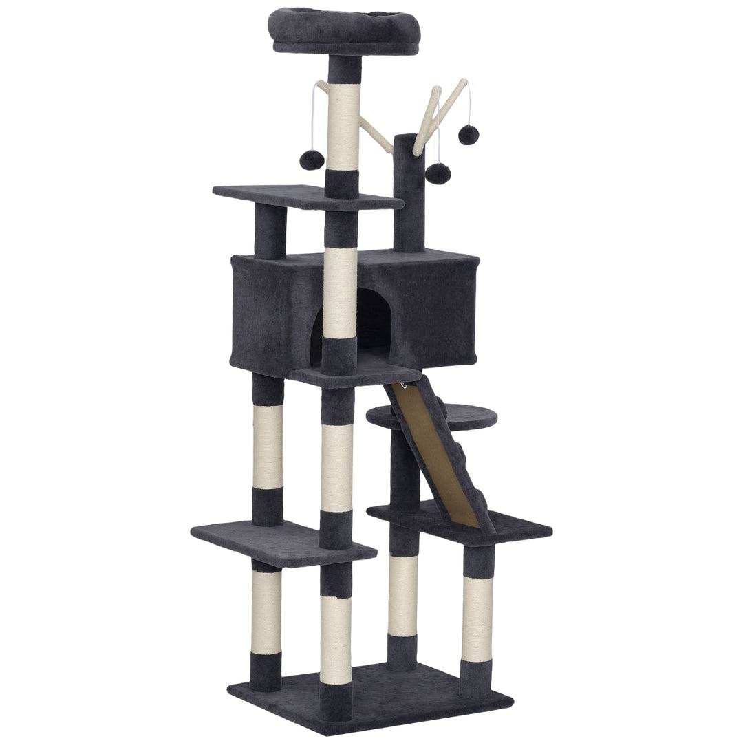 PawHut 59 Inch Large Cat Tree with Sisal Scratching Posts, Cozy Condo, Top Perch, Ladder and Interactive Balls, Dark Grey