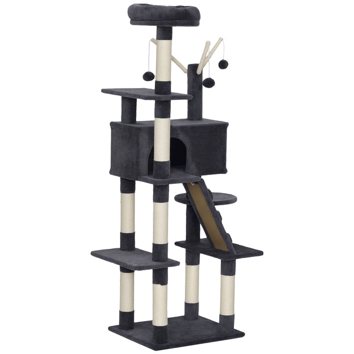PawHut 59 Inch Large Cat Tree with Sisal Scratching Posts, Cozy Condo, Top Perch, Ladder and Interactive Balls, Dark Grey