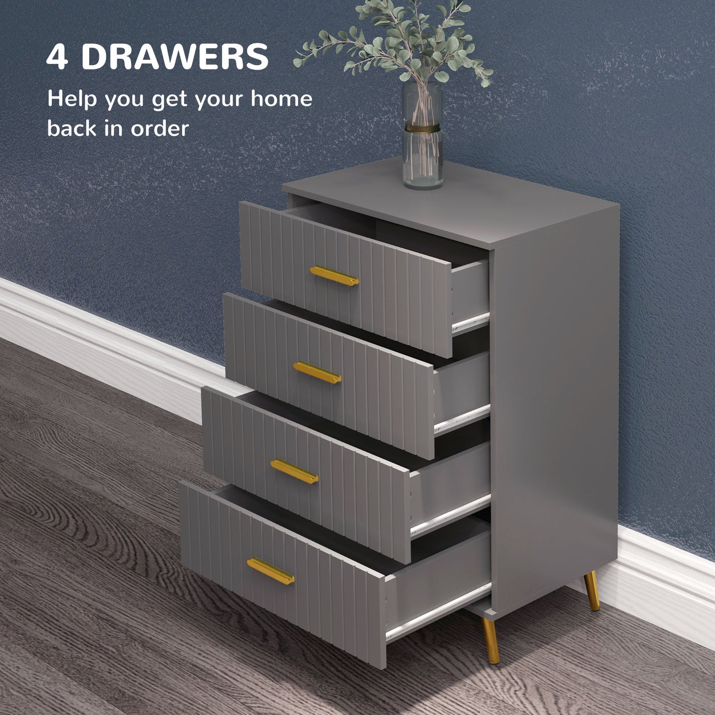 HOMCOM 3 Drawer Cabinet, Drawer Chest for Bedroom, Chest of Drawers with Aluminium Legs and Gold Handles, Dark Grey