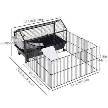 PawHut Metal Small Animal Cage, Rabbit Cage for Guinea Pig Chinchilla Hedgehog Bunny with Removable Wheels and Foldable Detachable Run Fence, 34.6" L x 50.6" W x 22" H