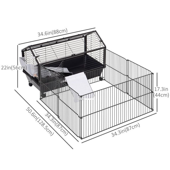 PawHut Metal Small Animal Cage, Rabbit Cage for Guinea Pig Chinchilla Hedgehog Bunny with Removable Wheels and Foldable Detachable Run Fence, 34.6" L x 50.6" W x 22" H