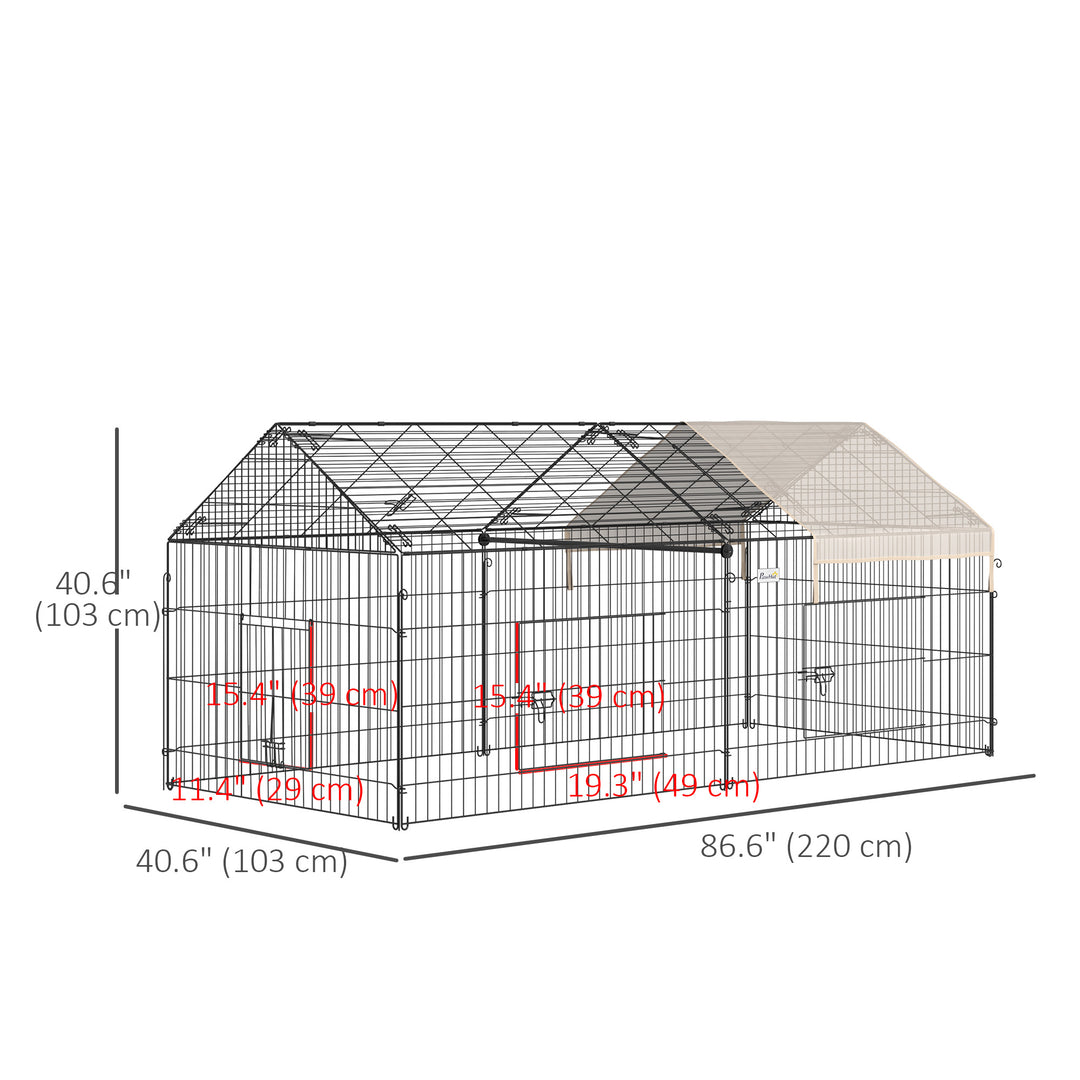PawHut 87x41x41-IN Catio Rabbit Guinea Pig Cage Chicken Coop Run, Small Animal Enclousure Outdoor Indoor with Cover and Multiple Doors, Beige