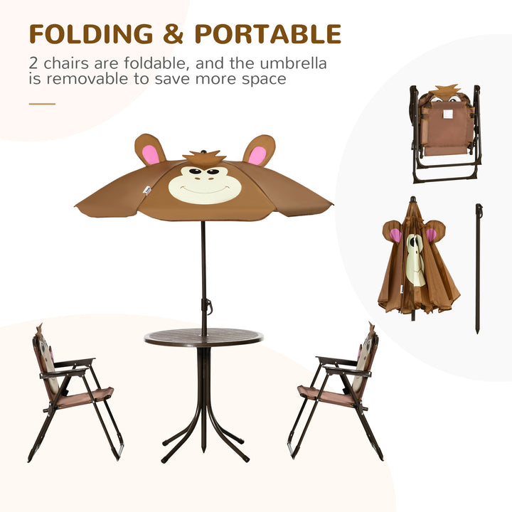 Outsunny Kids Folding Picnic Table and Chair Set Pattern Outdoor Garden Patio Backyard with Removable & Height Adjustable Sun Umbrella Brown