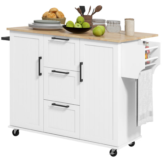 HOMCOM Rolling Kitchen Cart on Wheels with Drop Leaf, Kitchen Island with 3 Drawers, Solid Wood Top and Towel Rack, White