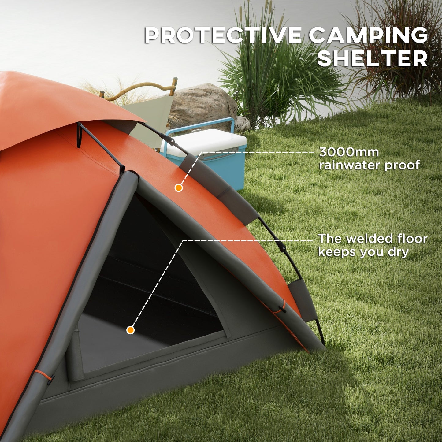 Outsunny Pop up Camping Tent, 3-4 Man Family Tent, 3000mm Waterproof, with Carry Bag and Top Hook, Grey and Orange