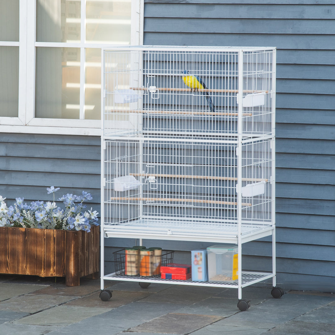 PawHut 52'' Large Rolling Steel Bird Cage Bird House with Rolling Stand, Storage Shelf, Wood Perch, Food Container, Dark Grey