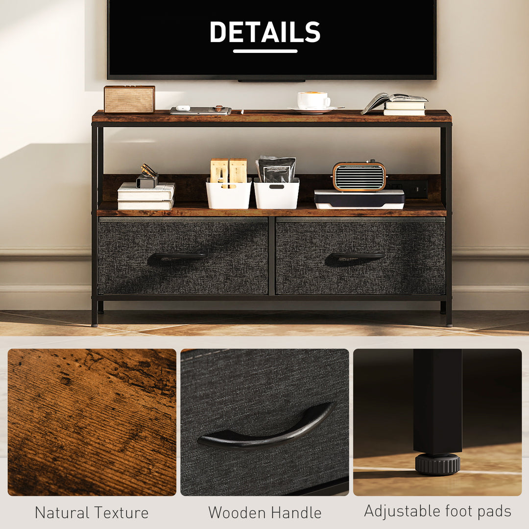 HOMCOM TV Stand with Charging Station, TV Table with 2 Foldable Linen Drawers and Open Shelf for 47 Inch TV, Rustic Brown