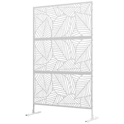 Outsunny 6.5FT Decorative Outdoor Divider, Metal Privacy Screen with Stand, Large Leaf Style, White