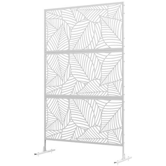 Outsunny 6.5FT Decorative Outdoor Divider, Metal Privacy Screen with Stand, Large Leaf Style, White