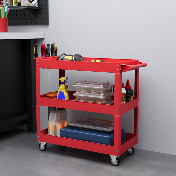 DURHAND 3 Tier Rolling Tool Cart with Wheels, 330 LBS Capacity Heavy Duty Utility Cart, Mobile Service Cart for Garage, Red