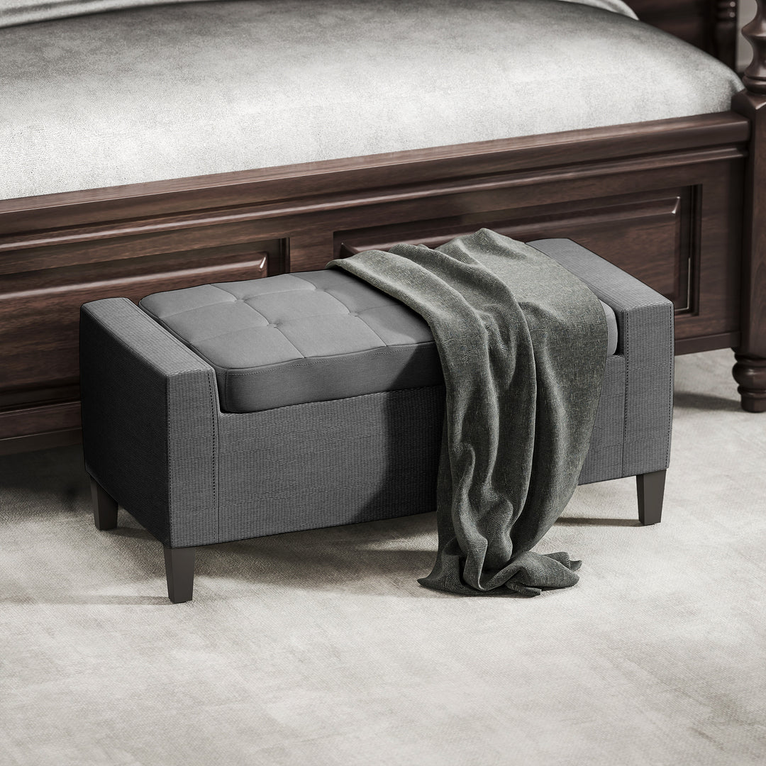 HOMCOM Storage Ottoman Bench, Linen Upholstered Bench with Tufted Design, Brown