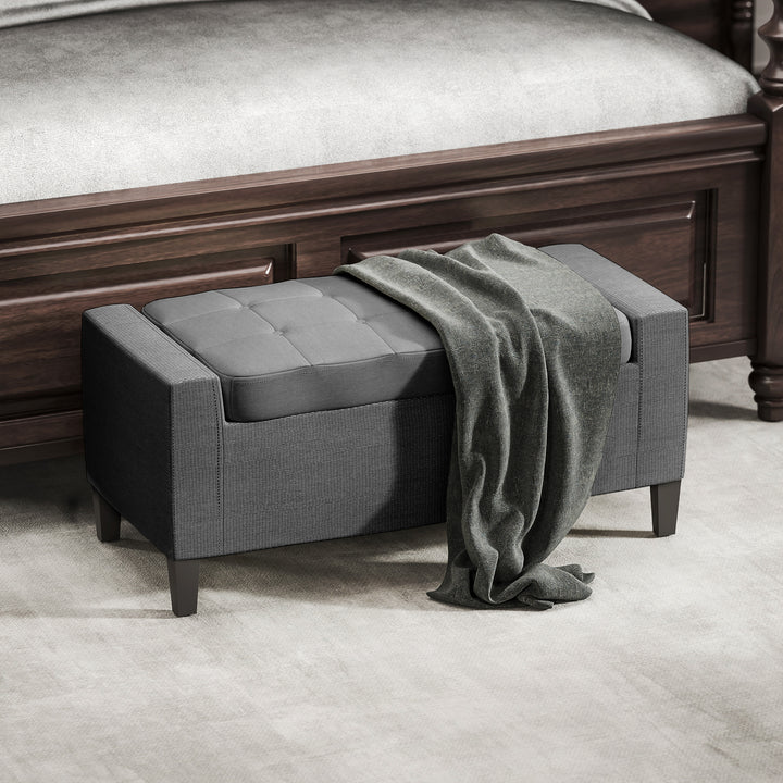 HOMCOM Storage Ottoman Bench, Linen Upholstered Bench with Tufted Design, Brown