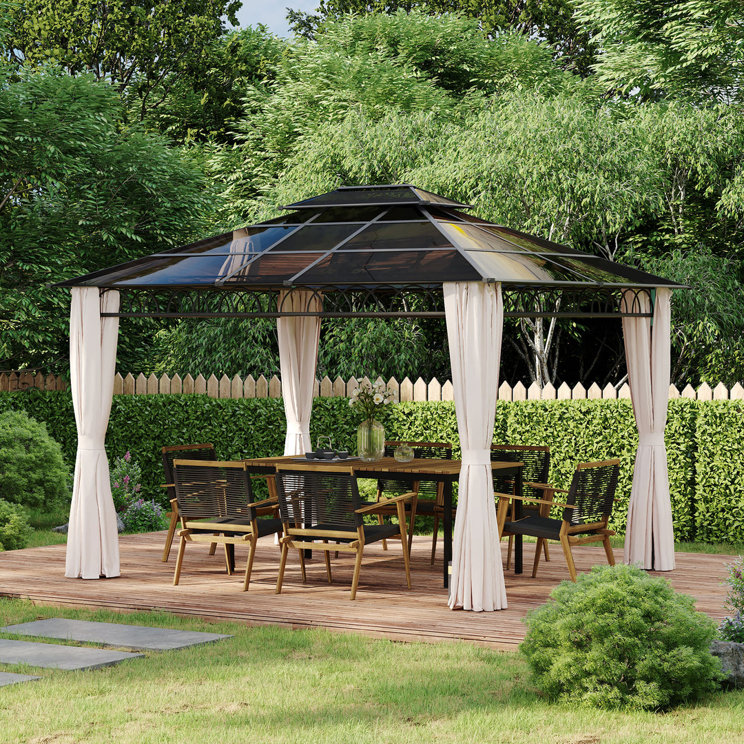Outsunny 10' x 12' Outdoor Hardtop Gazebo Canopy w/ Double PC Roof, Steel Frame, Nettings, Curtains for Garden Lawn Deck, Khaki