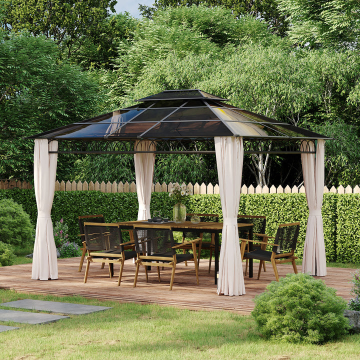 Outsunny 10' x 12' Outdoor Hardtop Gazebo Canopy w/ Double PC Roof, Steel Frame, Nettings, Curtains for Garden Lawn Deck, Khaki