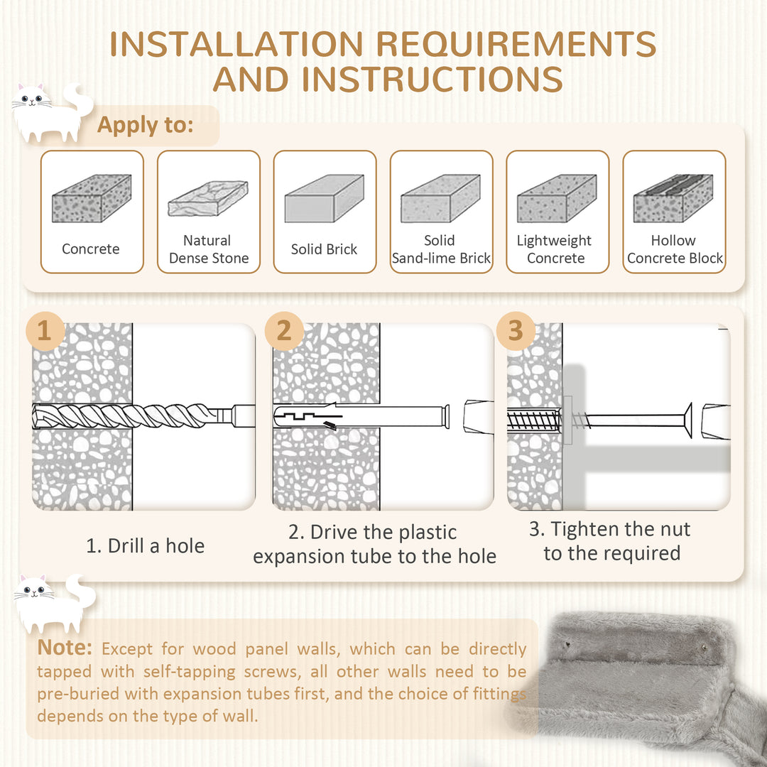 PawHut 4Pcs Cat Wall Shelf with Scratching Post, Cat Wall Shelves for Relaxing, Climbing, Cat Wall With Soft Ladder, Hammock, Play Balls, Grey