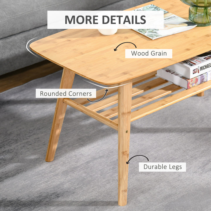 HOMCOM 2 Tier Coffee Table Bamboo Tea Table with Storage Shelf Sleek Rectangle Desk Wood Grain Living Room Home Furniture 39.25" x 19.75" x 19.75"