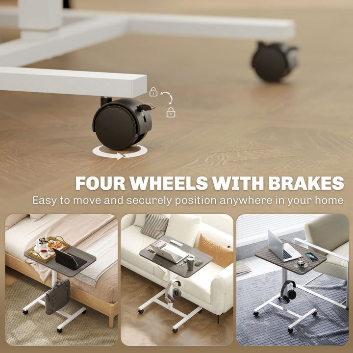 HOMCOM Height Adjustable Standing Desk, Pneumatic Sit Stand Desk with Wheels and Headphone Hook for Home Office, Natural