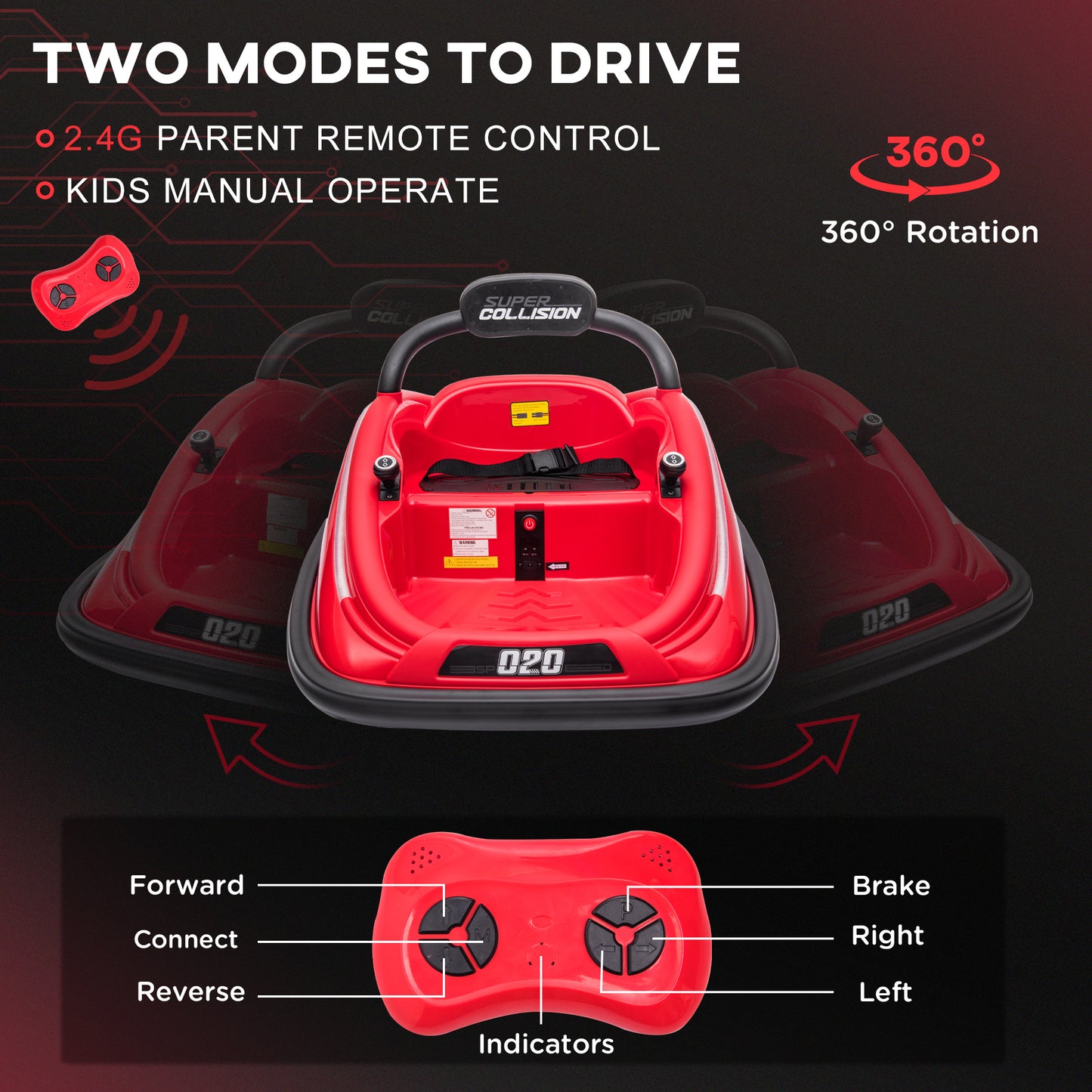 Aosom 12V Kids Bumper Car, 360Â° Rotation Electric Ride On Car, Twins Motor Battery Powered Toy, w/ Parent Remote Control, Safety Belt, Colorful LED Lights,, Red