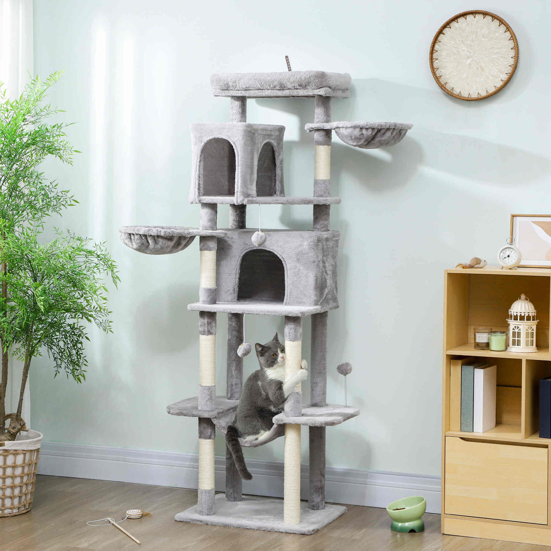 PawHut 69" Cat Tree, Multi-Level Cat Tower with 2 Condos, Plush Perch and Sisal Scratching Posts, Dark Grey