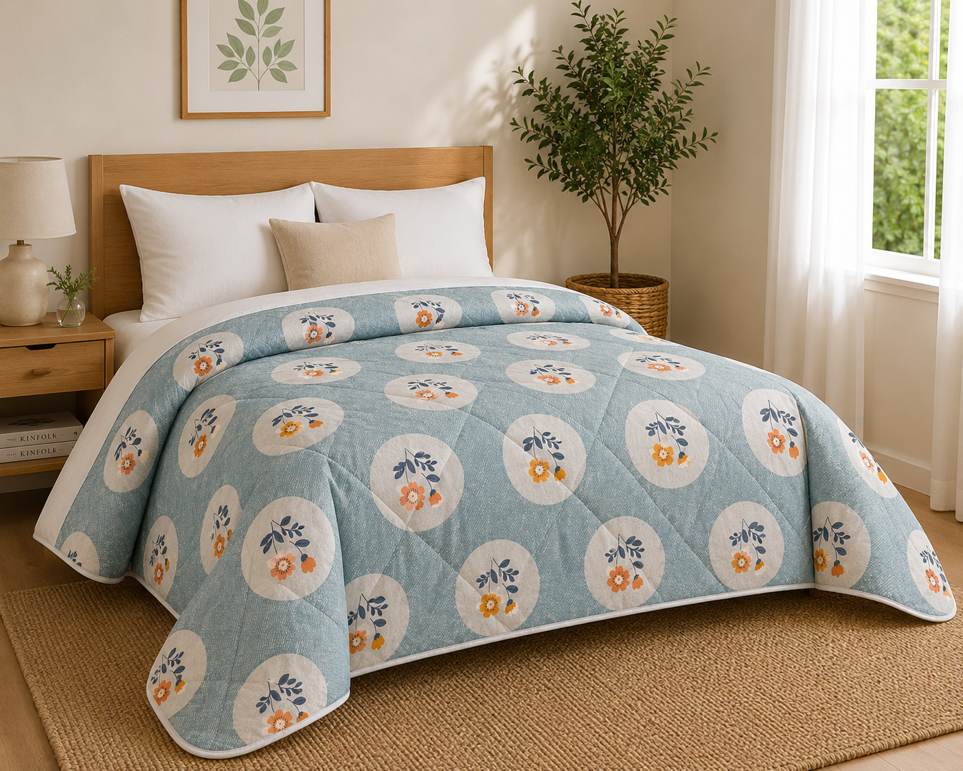 Aarniva Breathable Polyester Comforter Set | King/Queen | 250 GSM | Ultra-Soft & Cozy | Floral Blue | 5-Piece Set