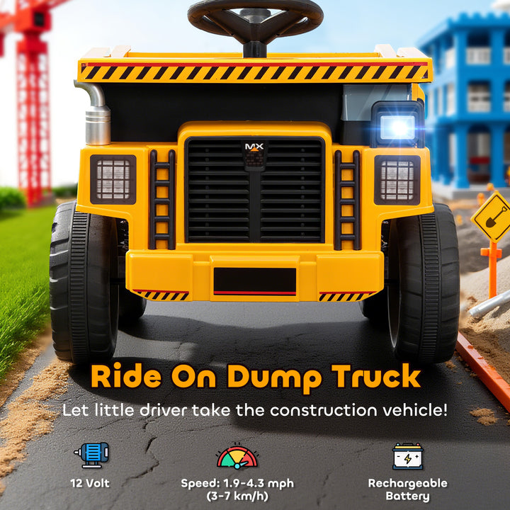 Qaba Kids Electric Car, Ride On Dump Truck, 12V Ride On Toy with Electric Dump Bed and Remote Control, Yellow