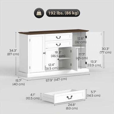 HOMCOM Farmhouse Sideboard with Charging Station and Thickened Top, 58" Buffet Cabinet with 2 Soft-Close Drawers, White