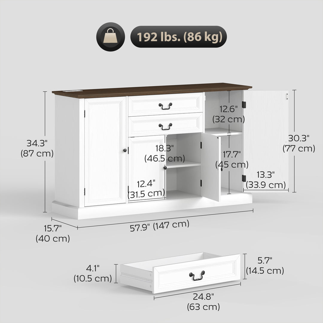 HOMCOM Farmhouse Sideboard with Charging Station and Thickened Top, 58" Buffet Cabinet with 2 Soft-Close Drawers, White