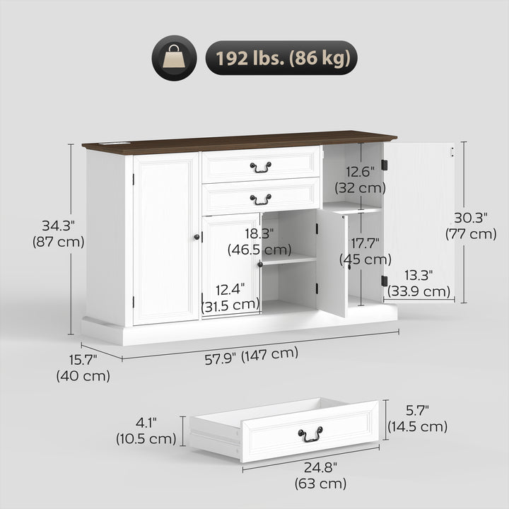 HOMCOM Farmhouse Sideboard with Charging Station and Thickened Top, 58" Buffet Cabinet with 2 Soft-Close Drawers, White