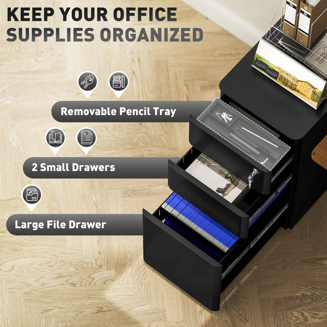 Vinsetto 3 Drawer Filing Cabinet, Lockable Steel Office Storage Cabinet with Hanging Bar for Letter, A4, Legal Files, White