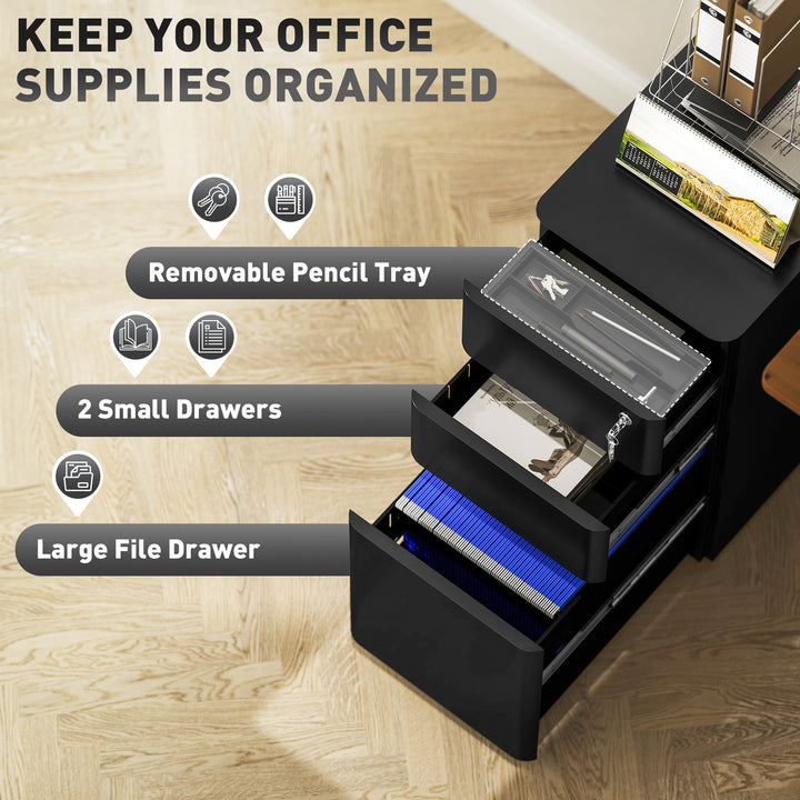 Vinsetto 3 Drawer Filing Cabinet, Lockable Steel Office Storage Cabinet with Hanging Bar for Letter, A4, Legal Files, White