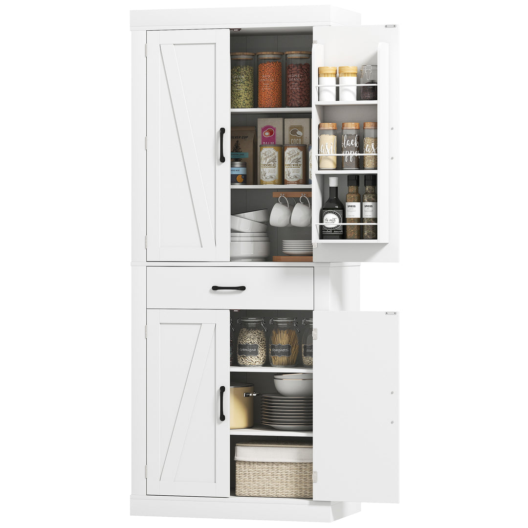 HOMCOM 72" Kitchen Pantry Cabinet, Farmhouse Kitchen Storage Cabinet with 4 Barn Doors, 6 Door Shelves, Drawer, Black
