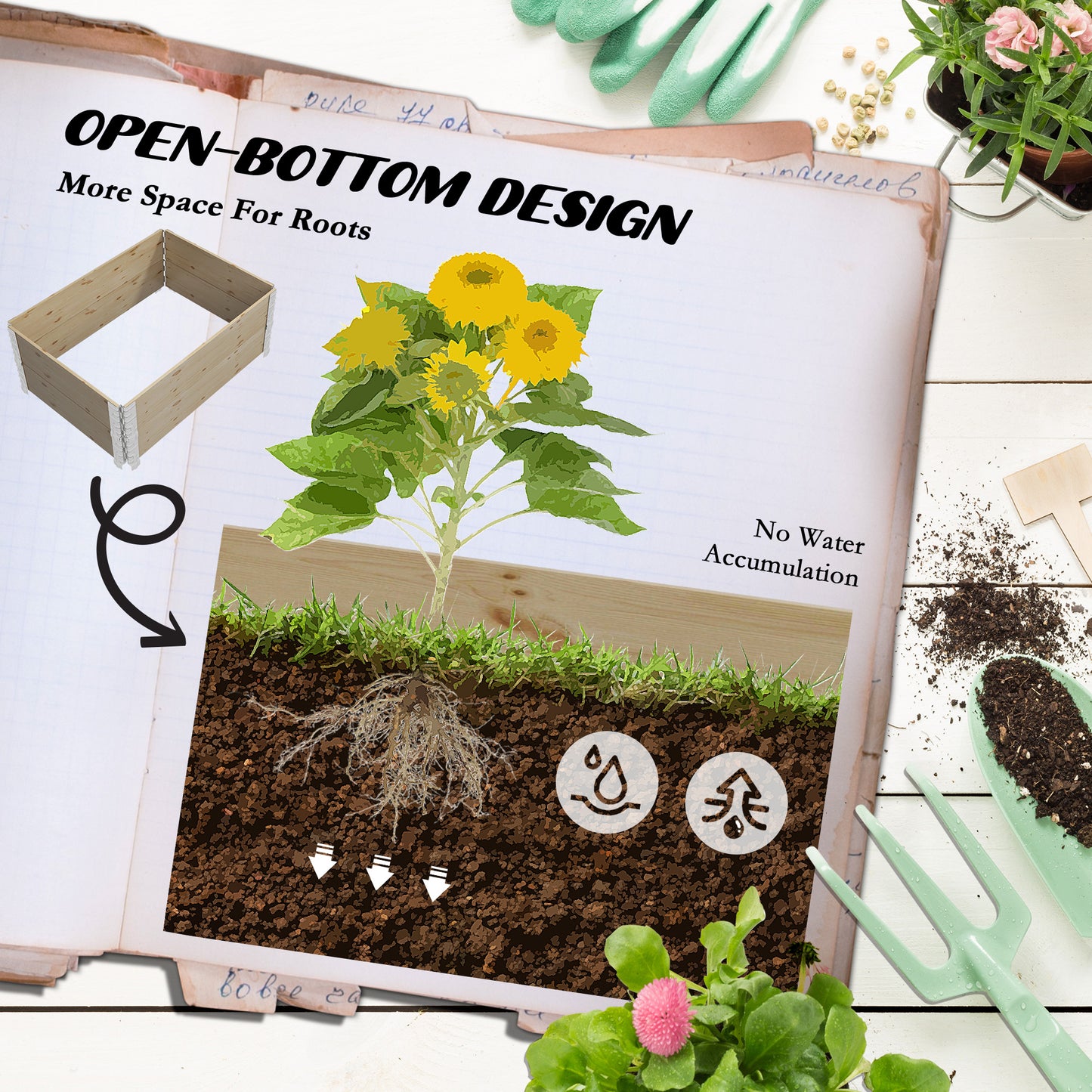 Outsunny Raised Garden Bed, Foldable Two-Box Wooden Planters for Outdoor Vegetables, Flowers, Herbs, Plants, Easy Assembly