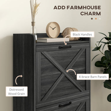 HOMCOM Slim Shoe Storage Cabinet, Farmhouse Shoe Cabinet with 2 Flip Drawers, Adjustable Shelves for 8 Pairs, Distressed Grey