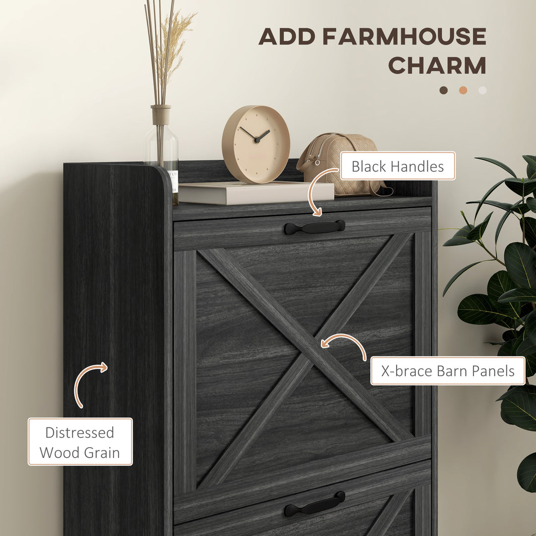 HOMCOM Slim Shoe Storage Cabinet, Farmhouse Shoe Cabinet with 2 Flip Drawers, Adjustable Shelves for 8 Pairs, Distressed Grey