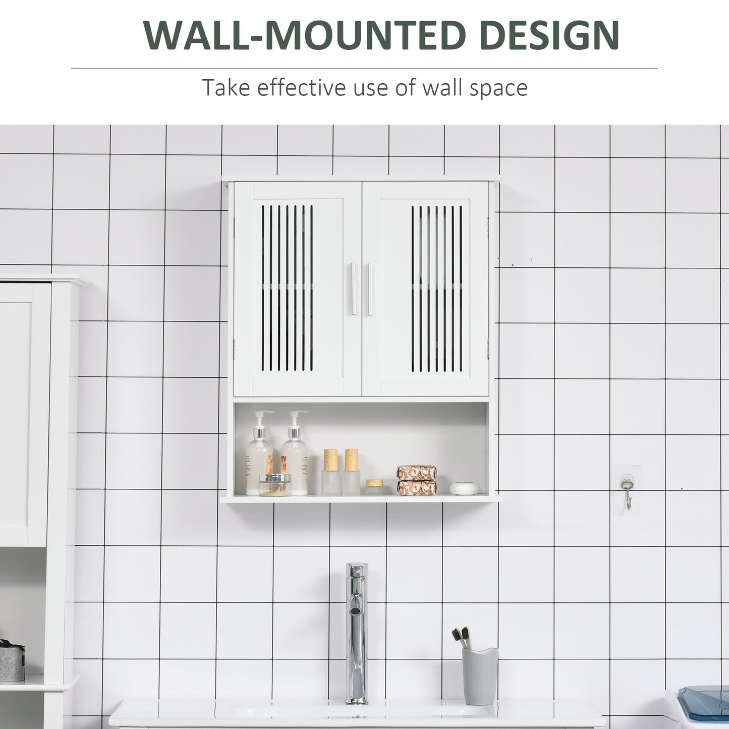 kleankin Modern Wall Mount Bathroom Cabinet, Storage Organizer with 2 Door Cabinet and Open Shelf, White