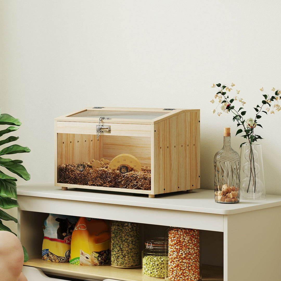 PawHut 22"L Hamster Cage with Openable Top & Acrylic Windows, Small Animal Cage with Hut, Seesaw, Ladder, Natural Wood