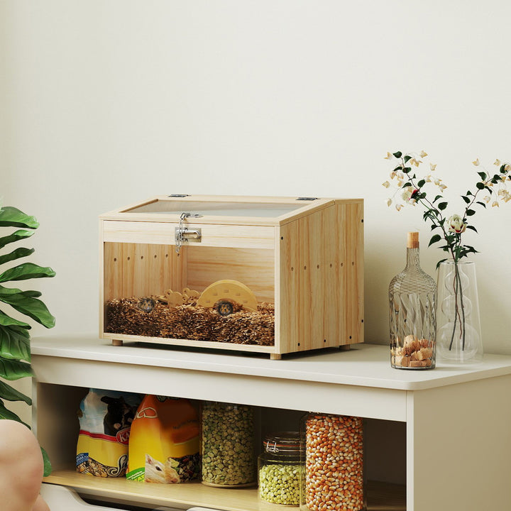 PawHut 22"L Hamster Cage with Openable Top & Acrylic Windows, Small Animal Cage with Hut, Seesaw, Ladder, Natural Wood