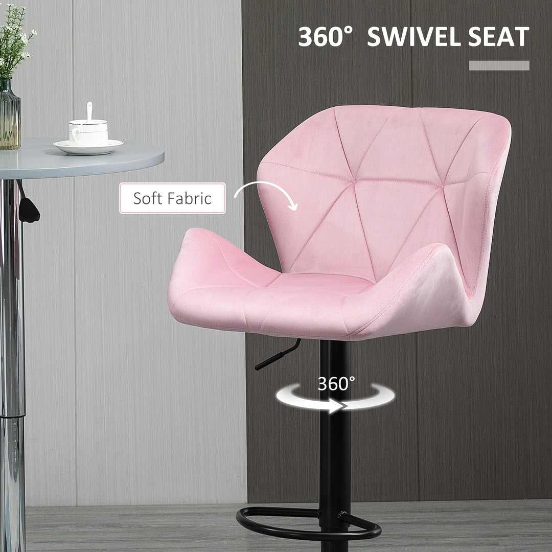 HOMCOM Velvet-Touch Bar Stool Set of 2 Fabric Adjustable Height Armless Counter Chairs with Swivel Seat, Pink