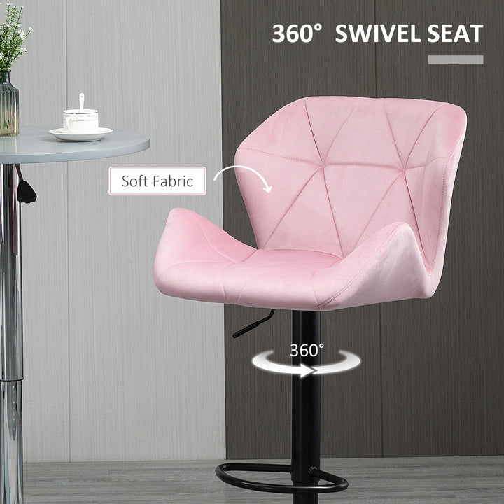 HOMCOM Velvet-Touch Bar Stool Set of 2 Fabric Adjustable Height Armless Counter Chairs with Swivel Seat, Pink