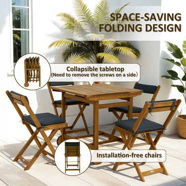 Outsunny 5 Pieces Wood Patio Dining Set, Wheeled Patio Table and Folding Chairs with Cushions for Garden Backyard Poolside, Teak