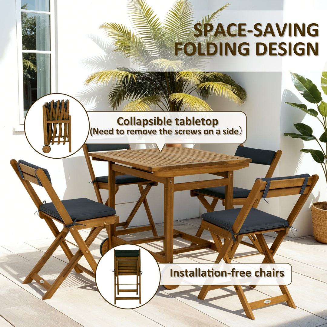 Outsunny 5 Pieces Wood Patio Dining Set, Wheeled Patio Table and Folding Chairs with Cushions for Garden Backyard Poolside, Teak