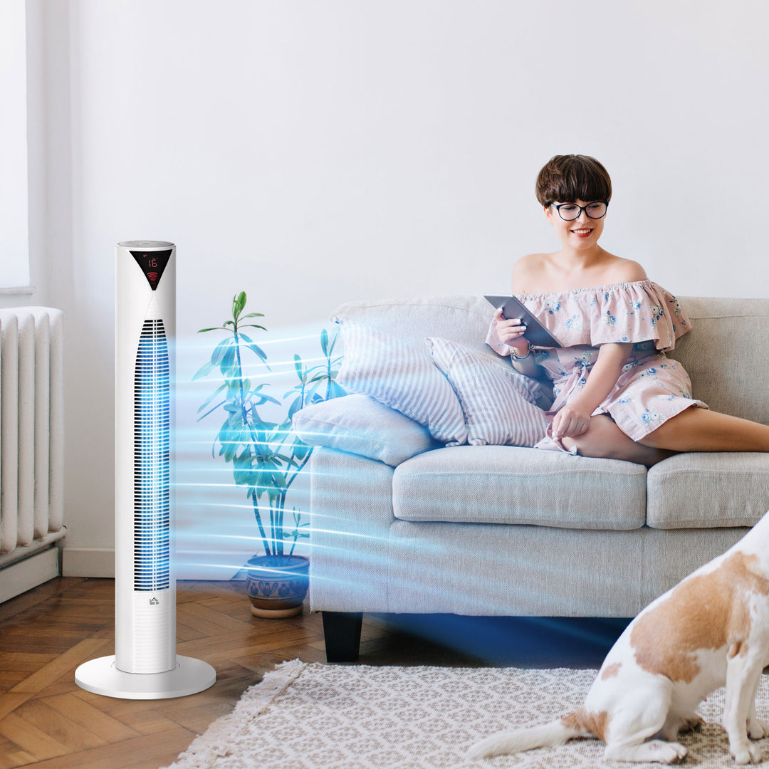 HOMCOM Freestanding Tower Fan Cooling for Home Bedroom with 3 Speed, 12h Timer, Oscillating, LED Sensor Panel, Remote Controller, White