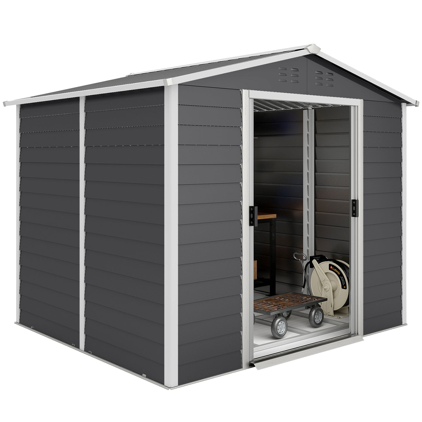 Outsunny 8' x 7' Outdoor Storage Shed, Galvanized Steel Metal Garden Shed with Lockable Doors, Floor Frame, Vents, Lock and Gloves for Backyard, Lawn, Patio, Teak